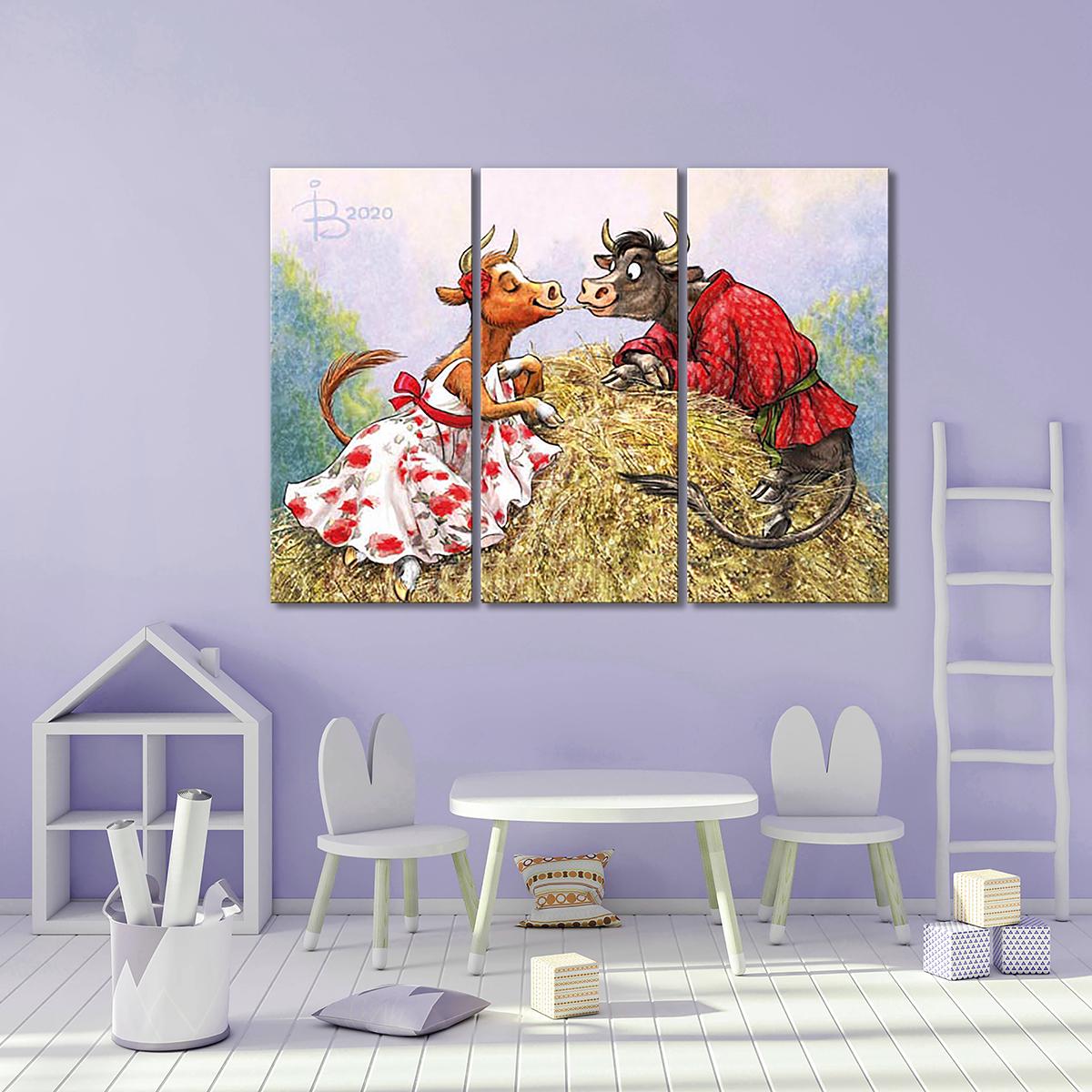 Модульная картина Любовь на сеновале 3 модуля 50x75 см