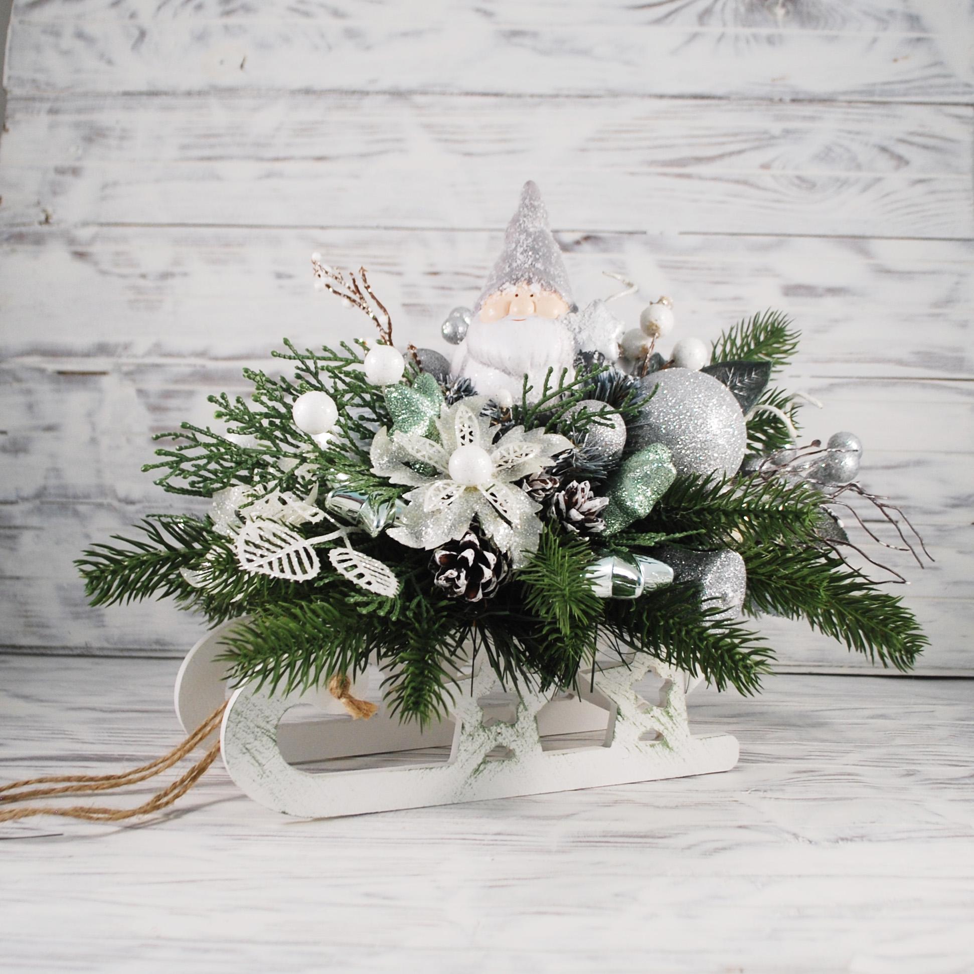 Новогодняя композиция Сани 30 см Белый/Мятный (4696513)