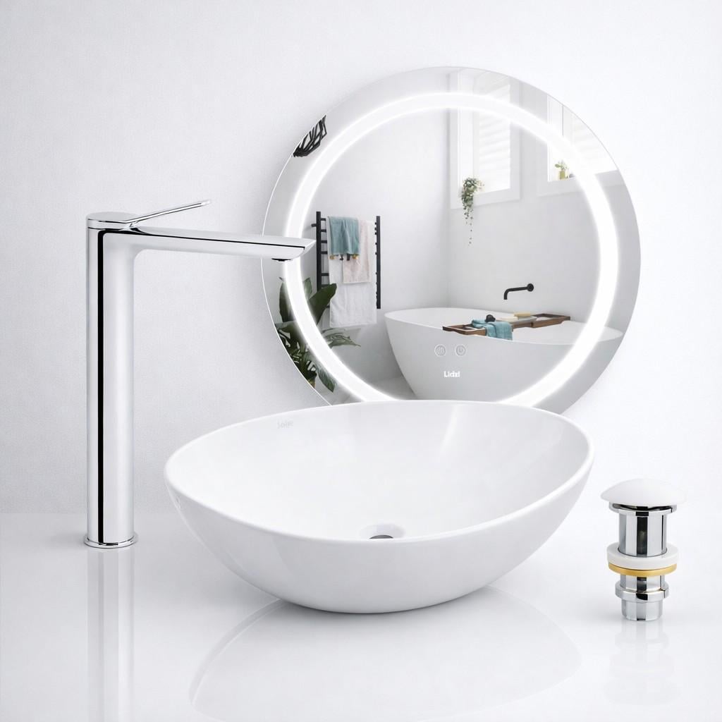 Комплект для ванной под ключ раковина овальная Qtap Dove 415х340/LED-зеркало R600/высокий смеситель Presto/донный клапан