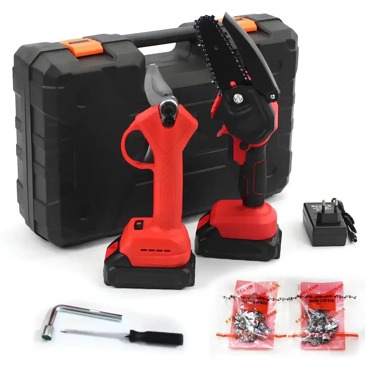 Комплект аккумуляторных инструментов 2в1 Секатор 100 резов/мин и цепная мини-пила 5 м/с 100 мм 30 мм в кейсе Комплект аккумуляторных инструментов 2в1 Секатор 100 резов/мин и цепная мини-пила 5 м/с 100 мм 30 мм в кейсе