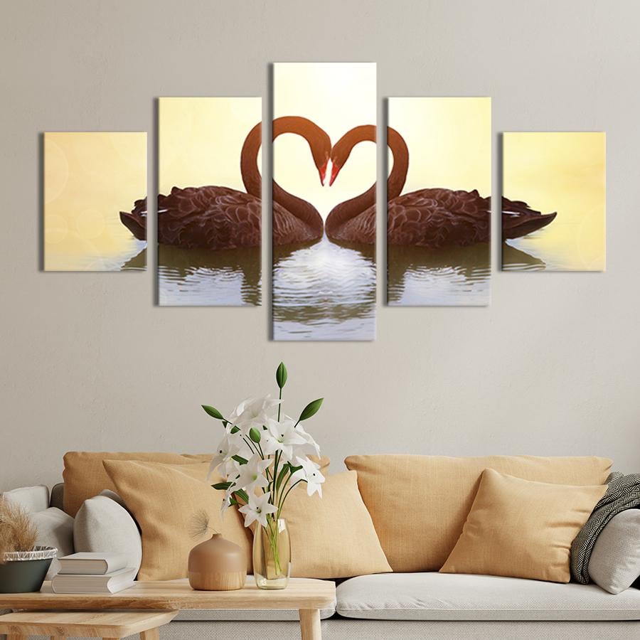 Модульная картина из 5 частей на холсте интерьерная картина Пара чёрных лебедей на пруду 187x94 см (159-52)