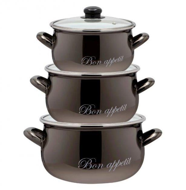 Набір каструль Bon appetit 3 шт. емальовані Чорний Набір каструль Bon appetit 3 шт. емальовані Чорний