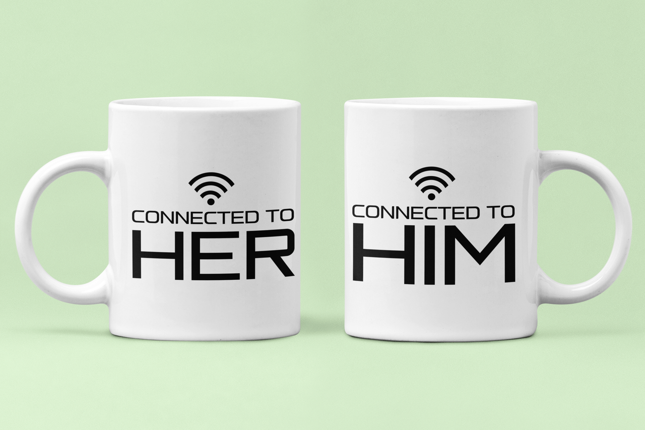 Чашки парные "Connected to her to him" для влюбленных 330 мл Белый (ВЛ76Ч)