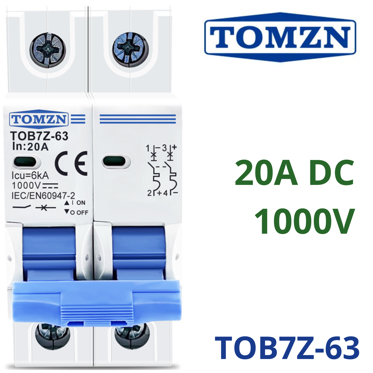 Автоматический выключатель постоянного тока 20 А двухполюсный TOMZN TOB1Z-63 20A 2P DC MCB 1000 V (2830077498) - фото 2 Автоматический выключатель постоянного тока 20 А двухполюсный TOMZN TOB1Z-63 20A 2P DC MCB 1000 V (2830077498) - фото 2