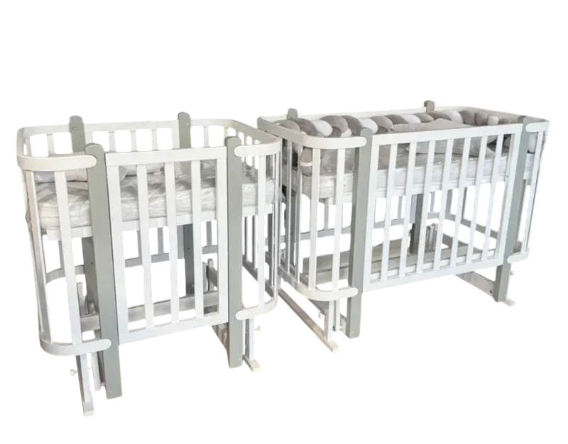 Кроватка детская Prestige 2в1 матрас/маятник продольный/колесики/дерево бук Белый/Серый