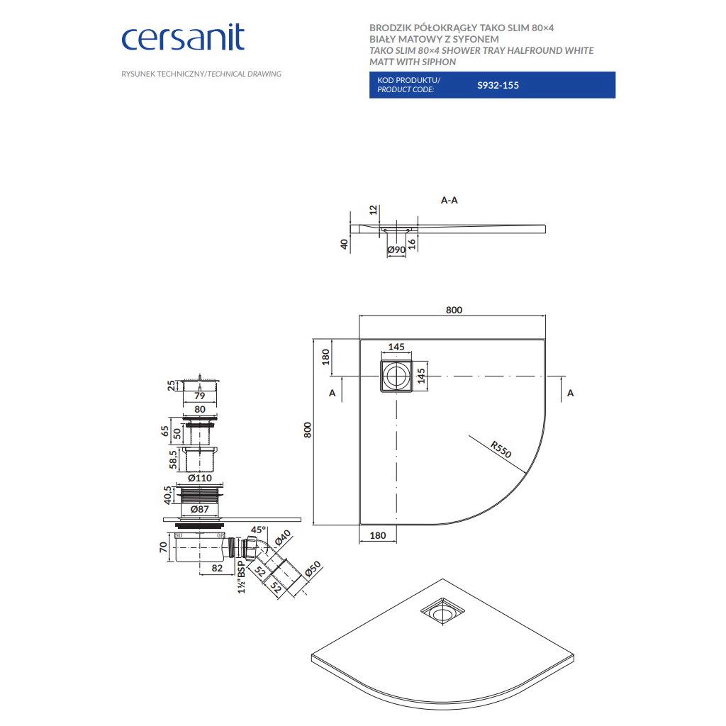 Піддон для душу Cersanit Тако Slim S932-155 акрил 80x80x4 см (247189) - фото 6