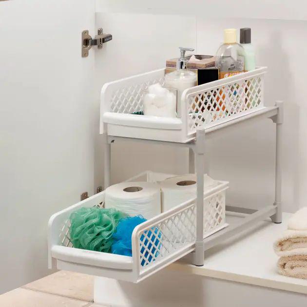 Органайзер для ванной пластиковый Portable 2 Tier Basket Drawers с 2 выдвижными полками 38х33х15 см Белый