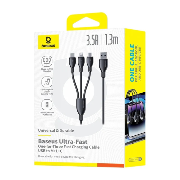 Кабель Baseus Ultra-Fast 3in1 Fast Charging Cable USB для MicroUSB+Lightning+Type-C 3.5A 0.8m P10376303121-01 Black - фото 8 Кабель Baseus Ultra-Fast 3in1 Fast Charging Cable USB для MicroUSB+Lightning+Type-C 3.5A 0.8m P10376303121-01 Black - фото 8