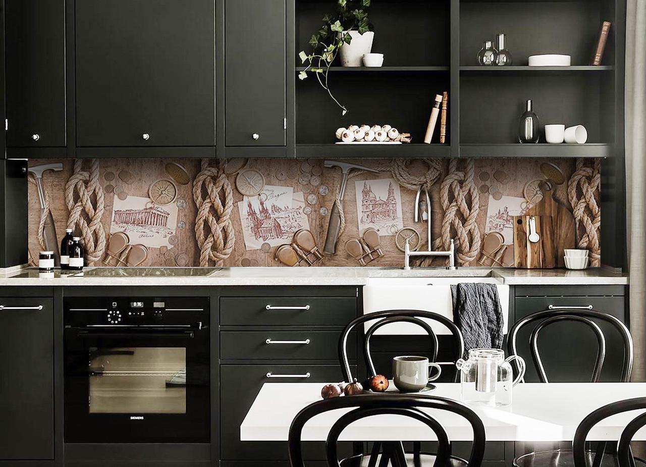 Кухонный фартук Исследователь компас винтаж из самоклеящейся виниловой пленки 65х250 см Бежевый