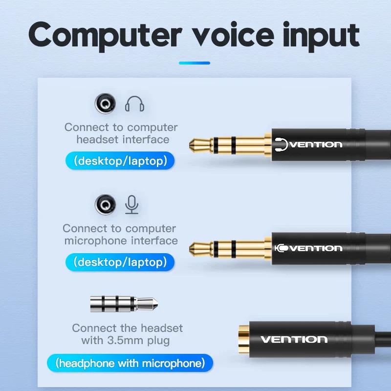 Кабель Vention Audio з підтримкою мікрофона/стерео 3,5 мм F 4 pin 2x3,5 мм M 3 pin 0,3 м (BBTBY) - фото 4