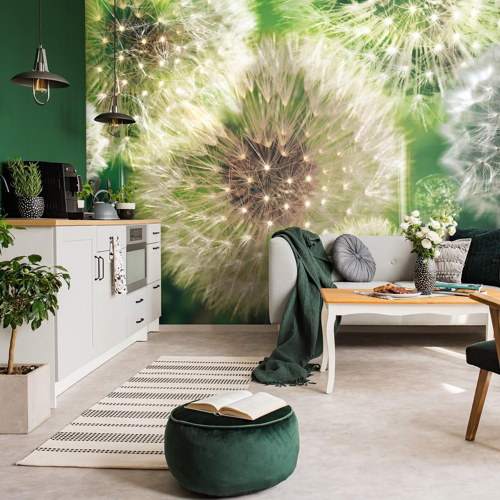 Фотообои флизелиновые Много одуванчиков с клеем 312x219 см Зеленый (056VEXXL)