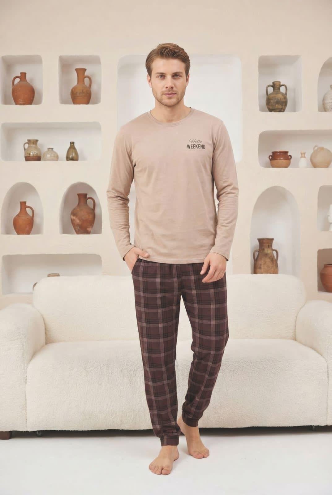 Піжама чоловіча бавовняна Weekend лонгслів та штани в клітину 2XL Коричневий (Ni93567/1беж)
