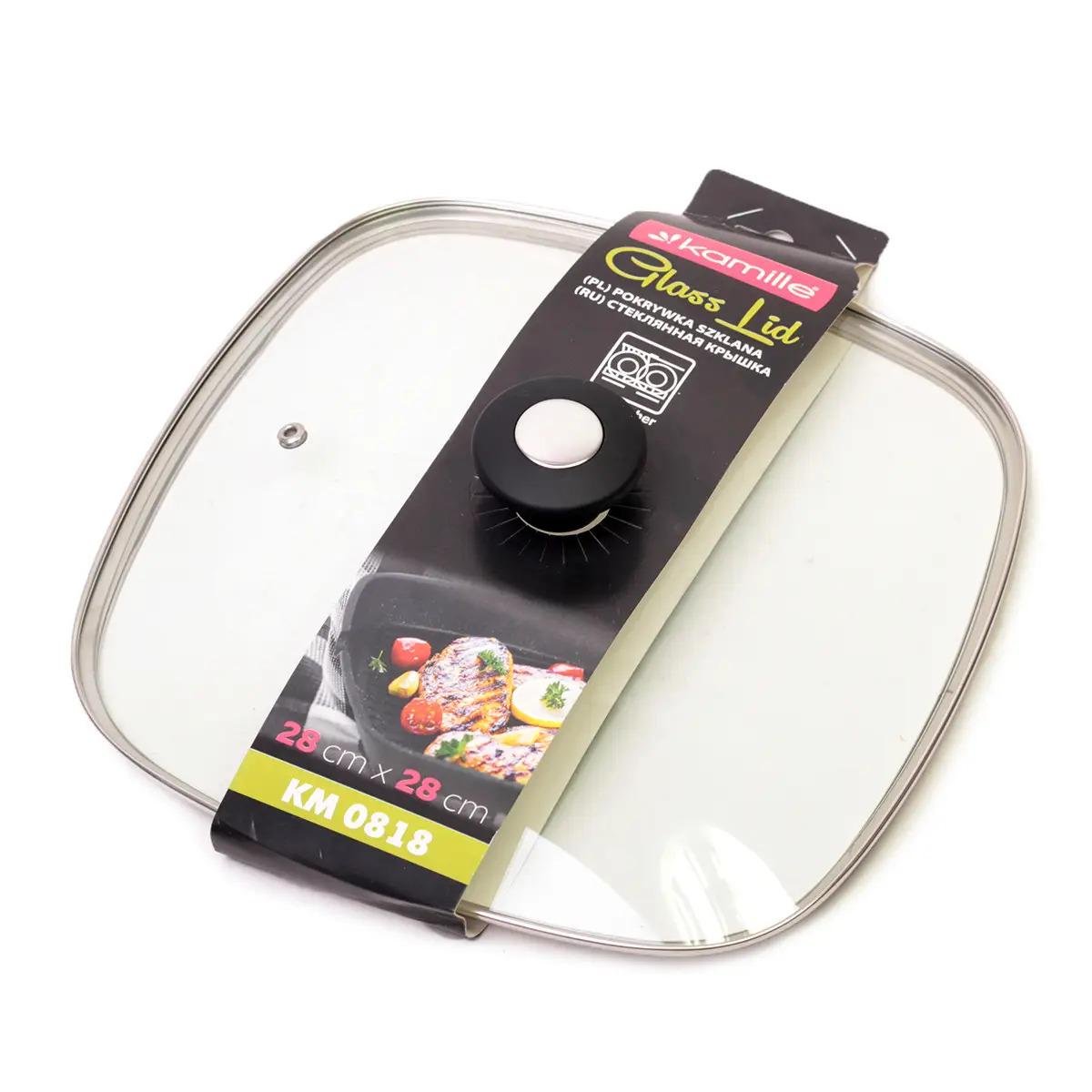 Крышка стеклянная Kamille квадратная с металлическим ободком 28 см (KM-0818)