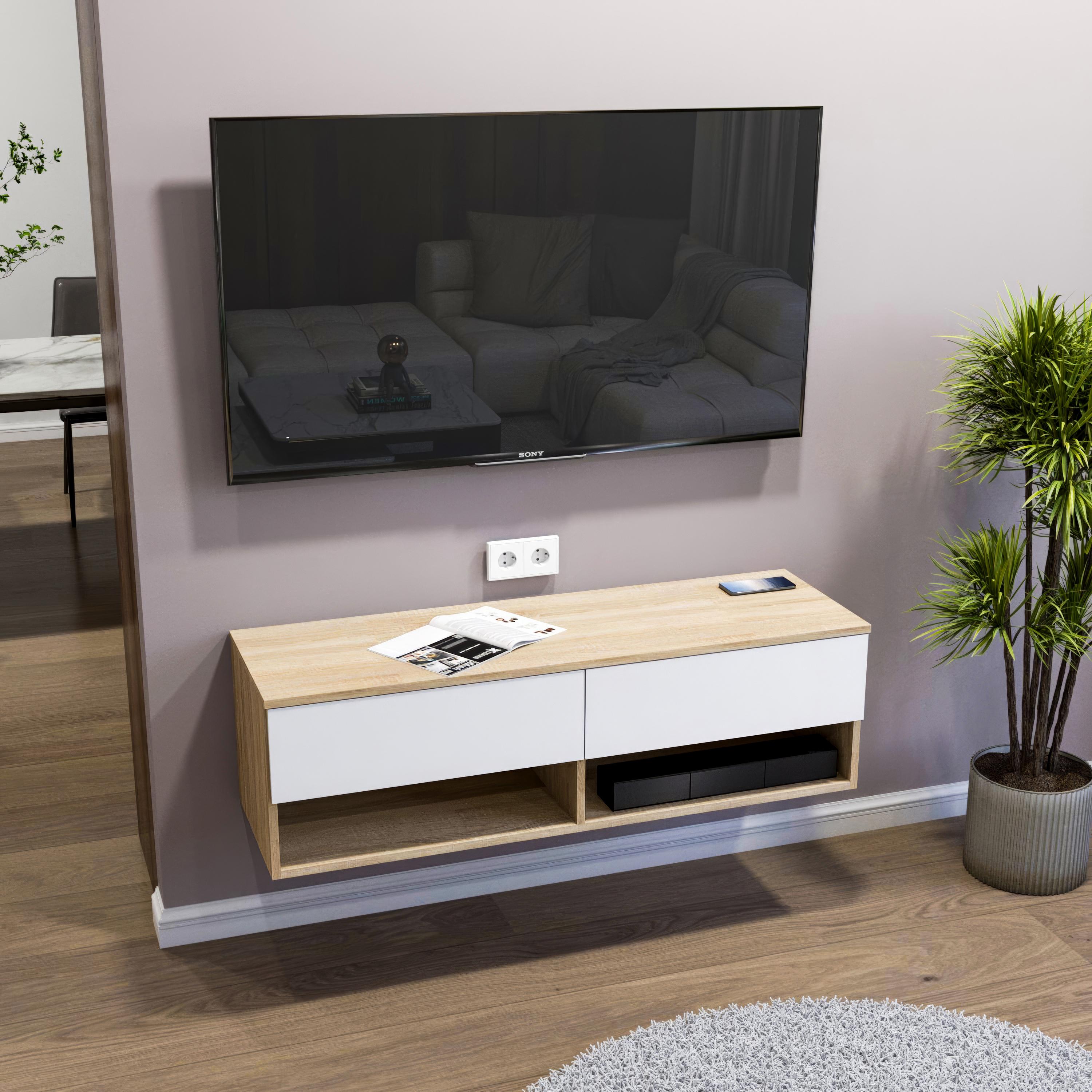 Тумба под телевизор навесная FH-Istad с ящиками и открытыми полками 1200х360х380 мм Дуб Сонома/Белый - фото 1