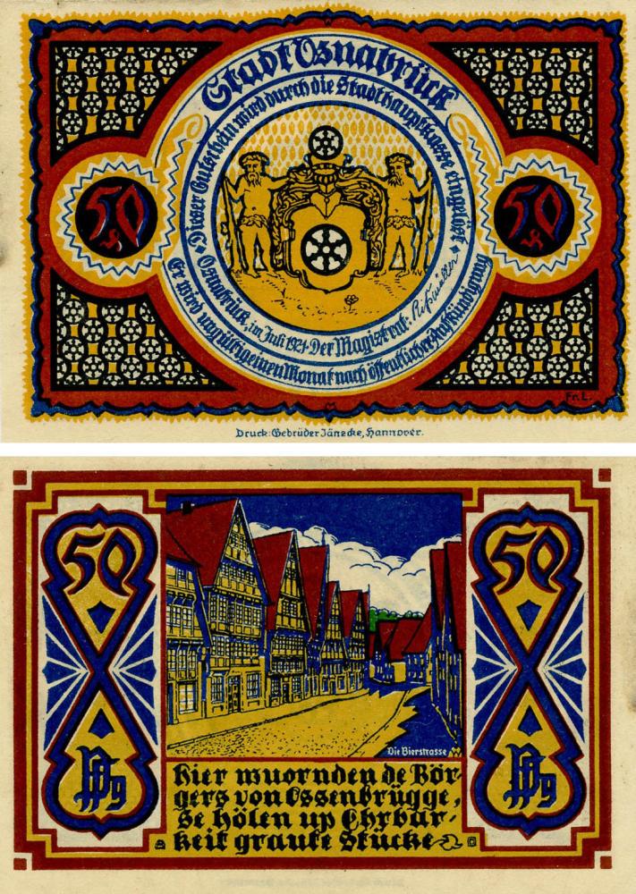 Коллекционная банкнота Германия Нотгельд 50 пфеннигов 1921 F-VF Оснабрюк Разновидность 2 (Б18629)