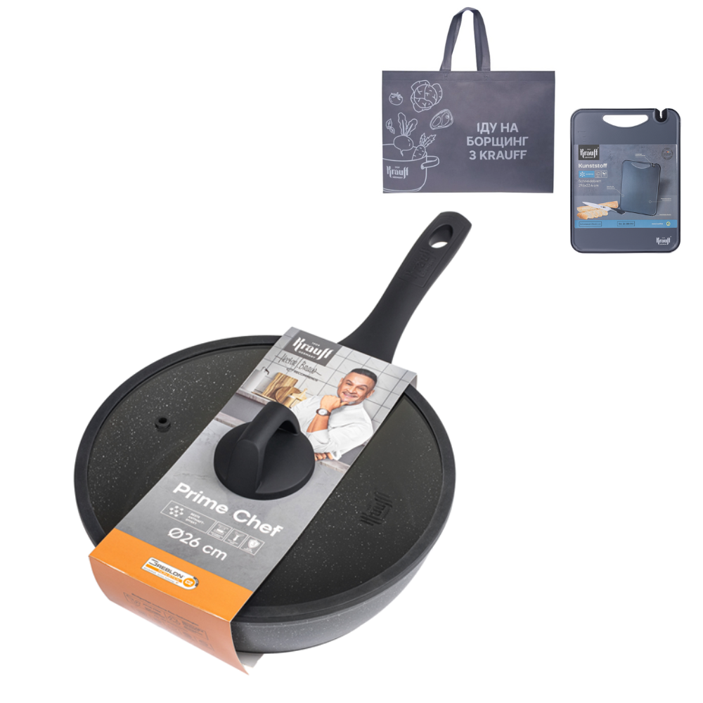 Сковорода глибока з кришкою Krauff Prime Chef 26 см з дошкою обробною Kunststoff та сумкою-шоппером (55-333-528)