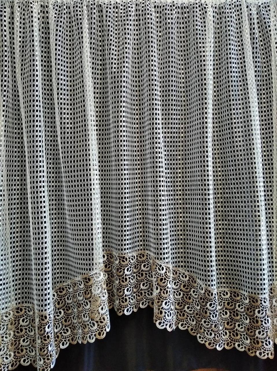 Занавеска Арка на сетке кубик с комбинированным кружевом кольца 280х180 см Белый с бежевым (а30м-01)