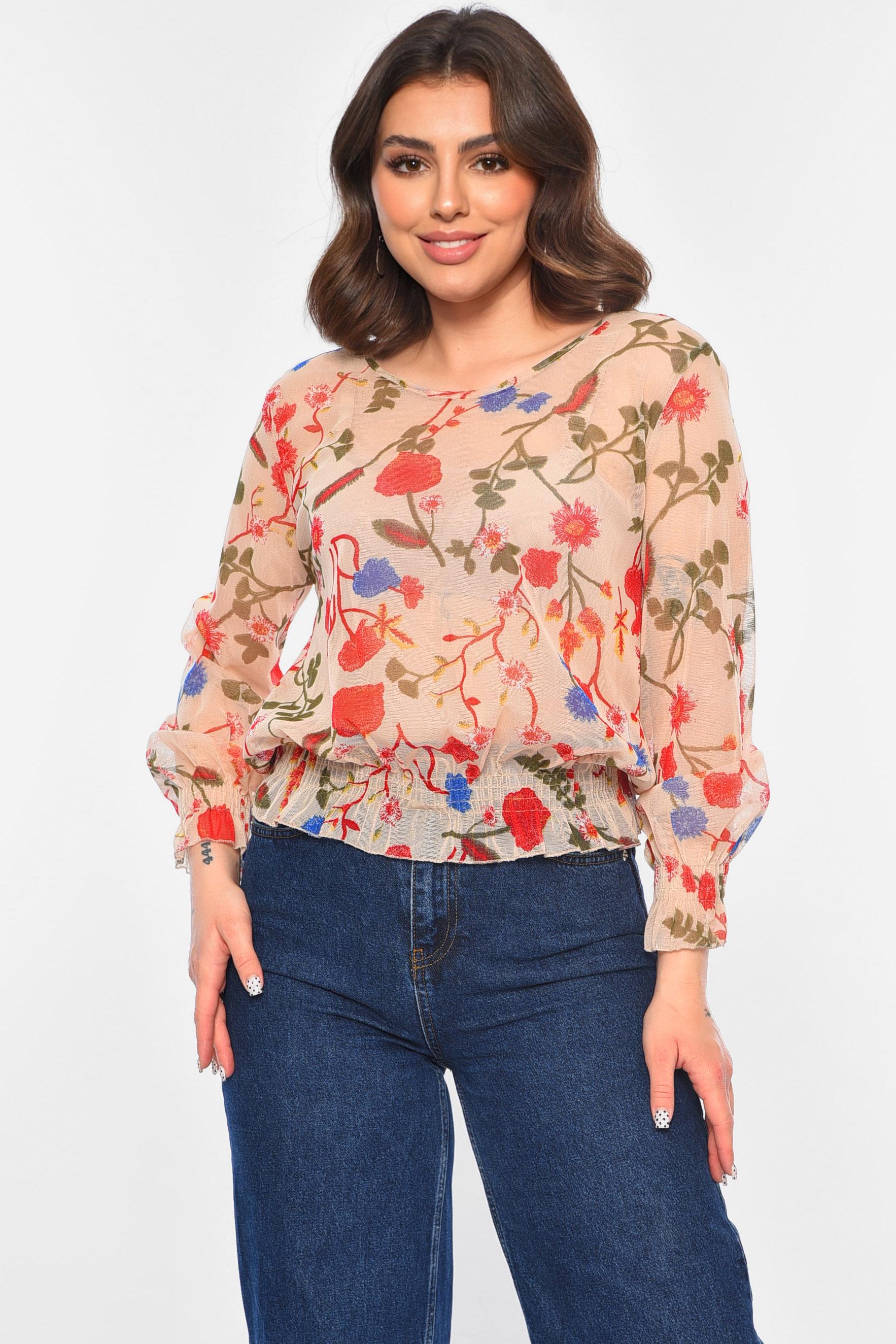 Блуза женская в сеточку с принтом р. 42 Бежевый (173815)