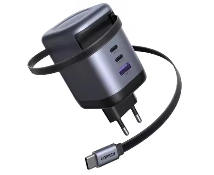 Зарядное устройство для UGREEN X606 Nexode GaN 100W Fast Charger с выдвижным USB-C кабелем и 3 портами для быстрой зарядки ноутбука Black (65586)