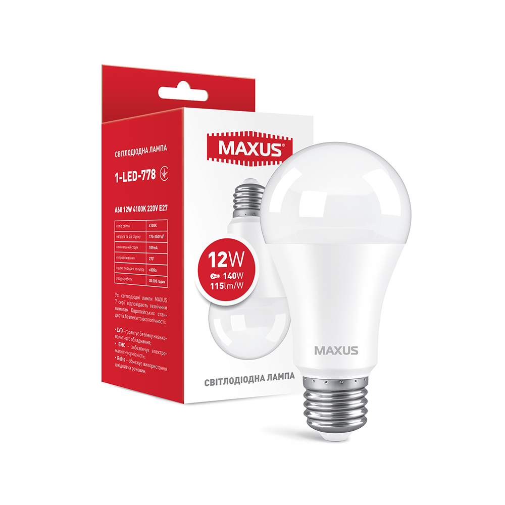 Лампа светодиодная MAXUS A60 12W 4000K 12W 4000K 1-LED-778 (2221395480)