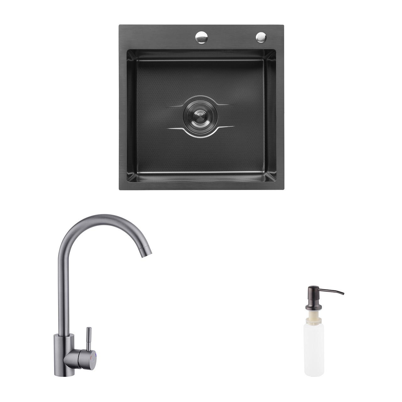 Комплект кухонна мийка Kroner Derby-5050HM PVD/змішувач Edelstahl Klassisch-SCH035PVD/дозатор Spender-026 (2669564687)