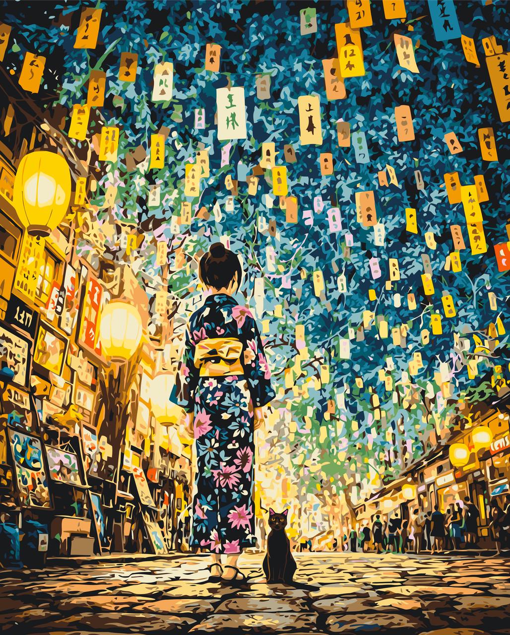 Картина по номерам Оргиами Японская ночь Девушка с котом 40х50 см