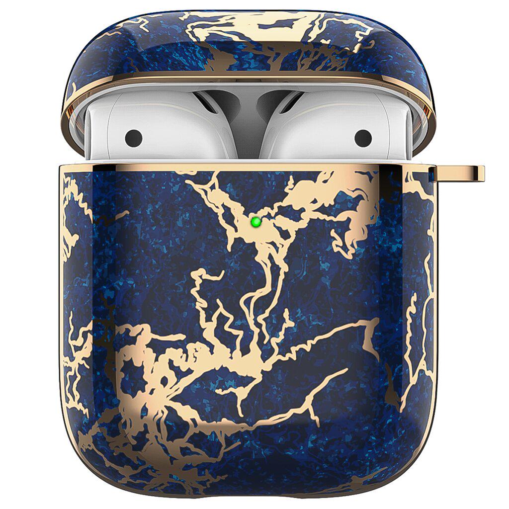 Дизайнерский чехол для Apple AirPods 1/2 Синий мрамор с золотистой тропинкой (591)