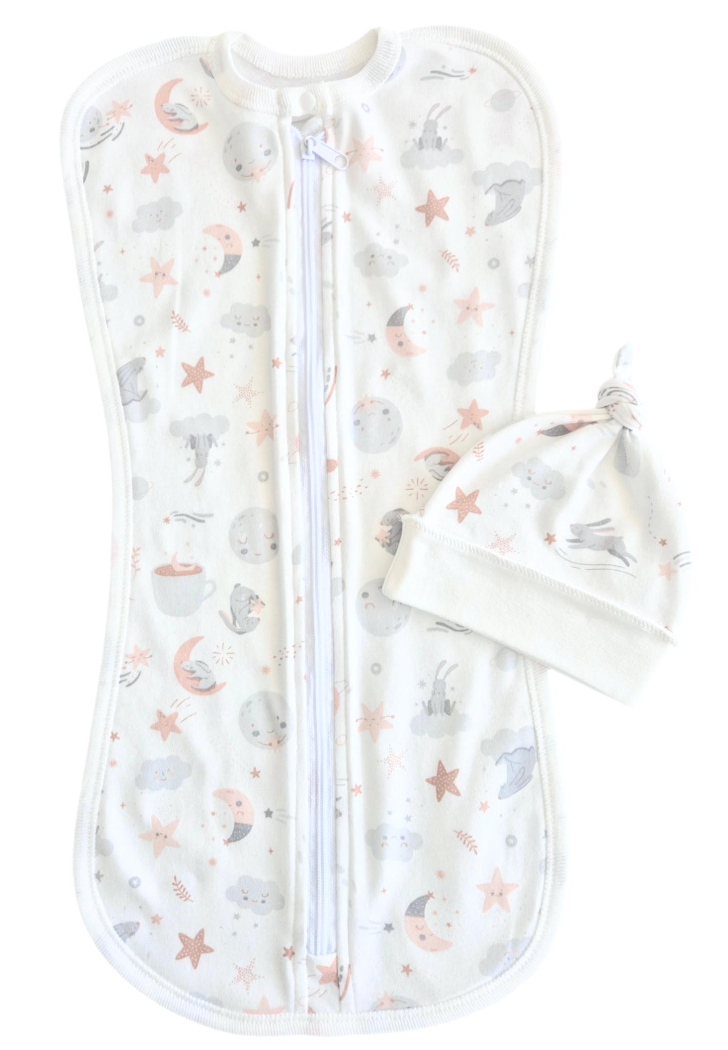 Пеленка-кокон евро на молнии с шапочкой Зайчик со звездочкой интерлок №110 0-6 мес. (143853)