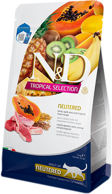 Корм для кошек взрослых стерилизованных Фарміна N&D TROPICAL SELECTION ягненок/тропические фрукты низкозерновой 1,5 кг (2125)