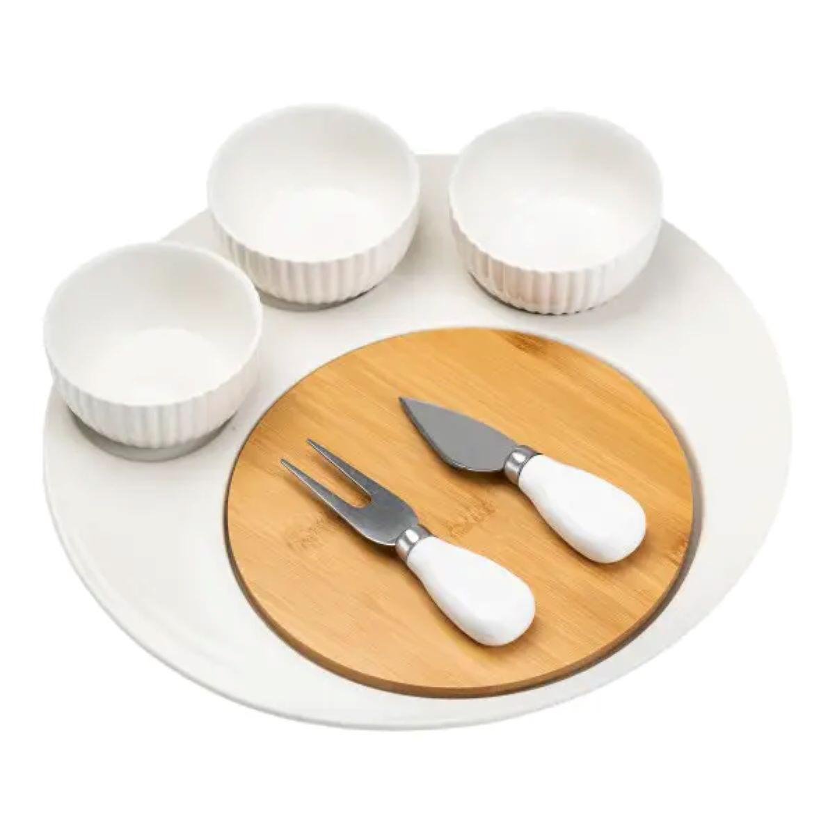 Набір для нарізки сиру керамічна тарілка/ніж/вилка/3 миски/дерев'яна дошка 29 см (4746) - фото 5 Набір для нарізки сиру керамічна тарілка/ніж/вилка/3 миски/дерев'яна дошка 29 см (4746) - фото 5