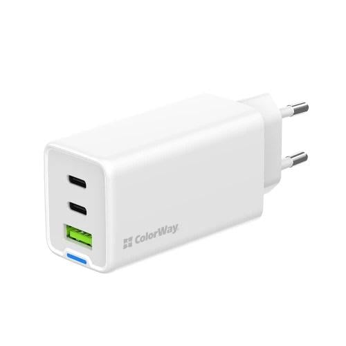 Зарядное устройство сетевое ColorWay 65 Вт GaN 2xType-C 1xUSB 18 Вт QC4.0 Auto ID White (MCT-CW-CHS058PD-WT)