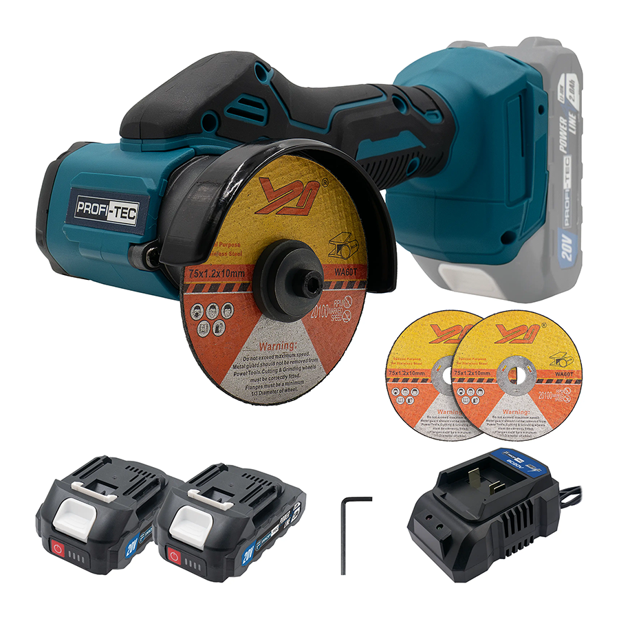 Болгарка акумуляторна PROFI-TEC PWS7620 20 В/диск 76 мм 2 х PT2020MP 2.0 Аг/ЗП BC20V/хахисний пиловідвідний кожух (006995)