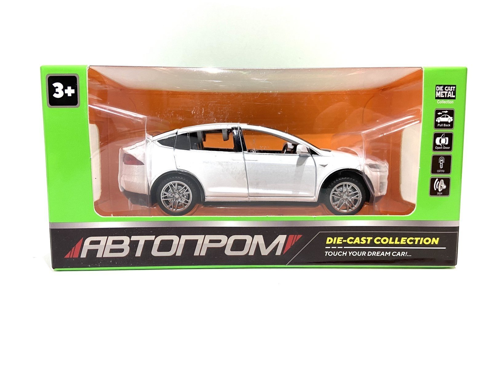 Машинка Автопром Tesla Model X 1:32 металлическая свет/звук Белый (6603)