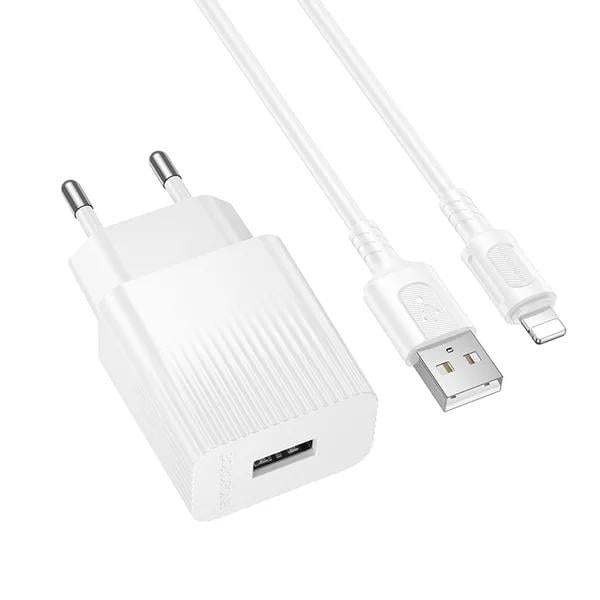 Зарядний пристрій мережевий Borofone BAS71A Source 10,5W USB-A з кабелем USB-A to Lightning 1 м White (6941991122583)