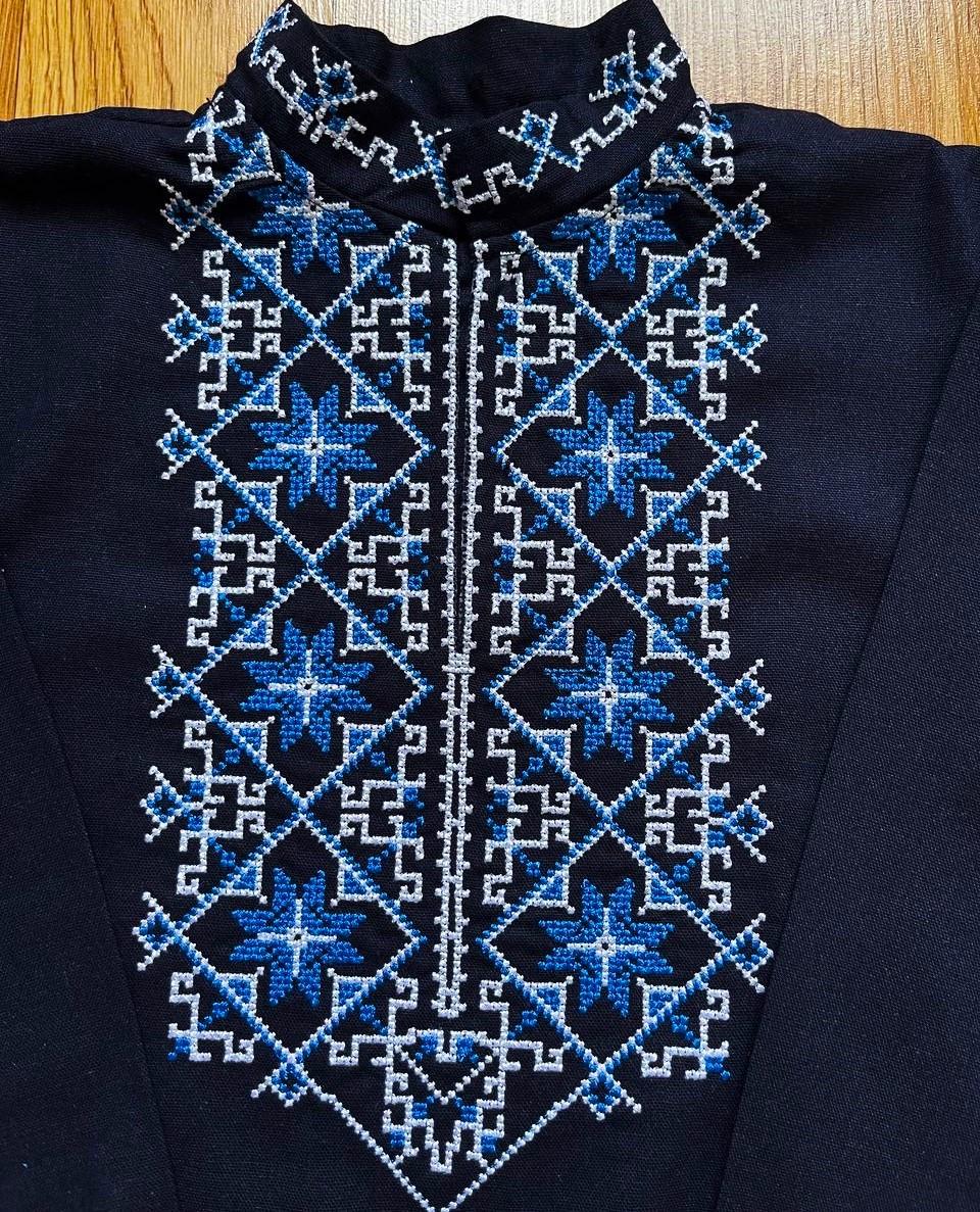 Вышиванка для мальчика с голубой и белой вышивкой из льна 158 см Темно-синий (2136600661)