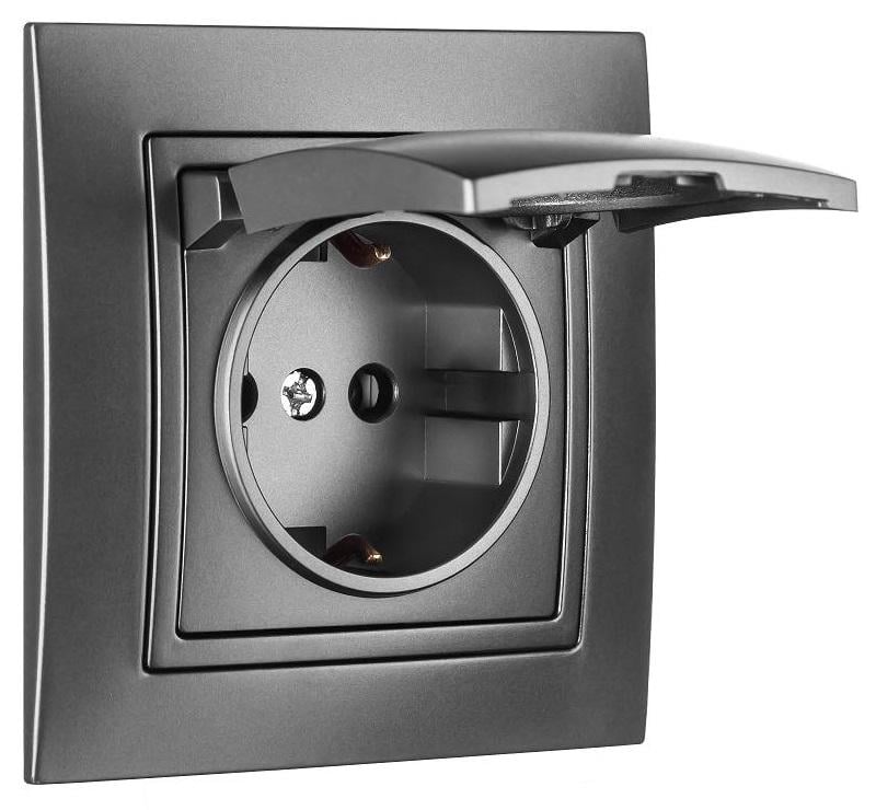 Розетка одноместная с крышкой с заземлением MARSHEL ELEGANT RS16-373 Graffite