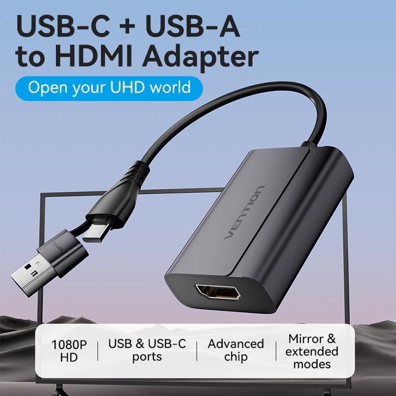 Кабель Vention Type-C/USB-HDMI 1080p 60Гц USB-C/USB-A для HDMI металлический Черный (ACYHB) - фото 2 Кабель Vention Type-C/USB-HDMI 1080p 60Гц USB-C/USB-A для HDMI металлический Черный (ACYHB) - фото 2