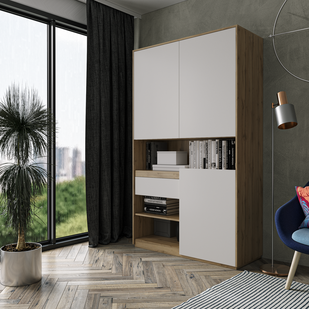 Шкаф для книг и документов Moreli RS-1 Blum 124x2100x500 мм Дуб аппалачи/Белый (mo-rs1-appalachi-white)
