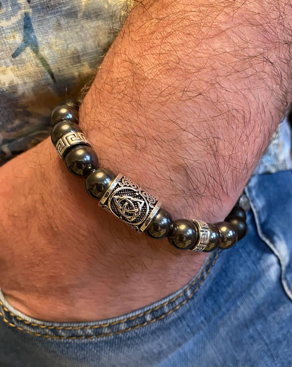 Браслет LITAURS из натуральных камней шунгит/гематит и металлическими вставками L 18-21 см (250210-1) - фото 5