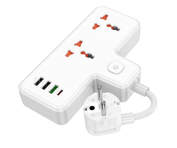 Подовжувач мережевий Hoco AC12A 2 Socket Ports 3USB/1Type-C PD30W QC3.0 White - фото 2