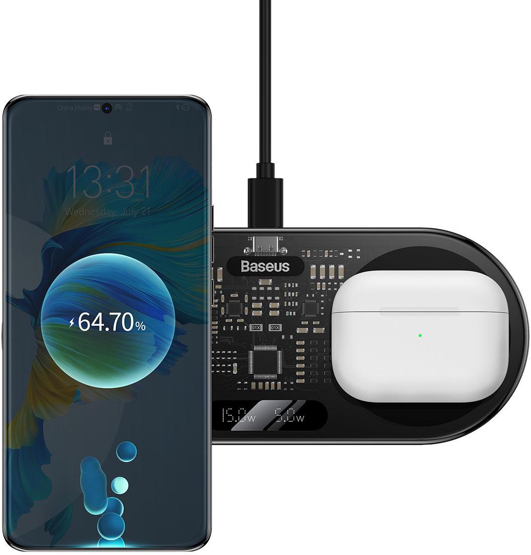 Док-станція бездротова BASEUS WXSX010101 Digital Led Display 2в1 Wireless Charger 20 W Black (e36b585f)
