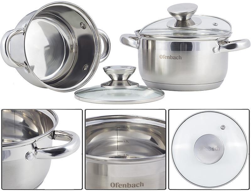 Набор кастрюль Ofenbach Hamburg из нержавеющей стали с 5-слойным индукционным дном 1,1/1,7л - фото 3