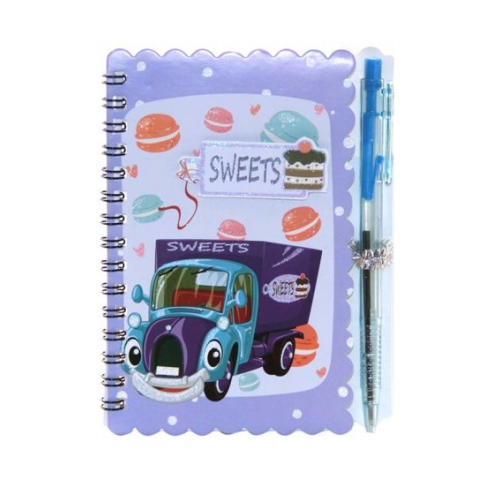 Блокнот с боковой спиралью Stenson Sweets с ручкой для девочек с рисунком фургона сладостей А6 Фиолетовый (WW01777ST)