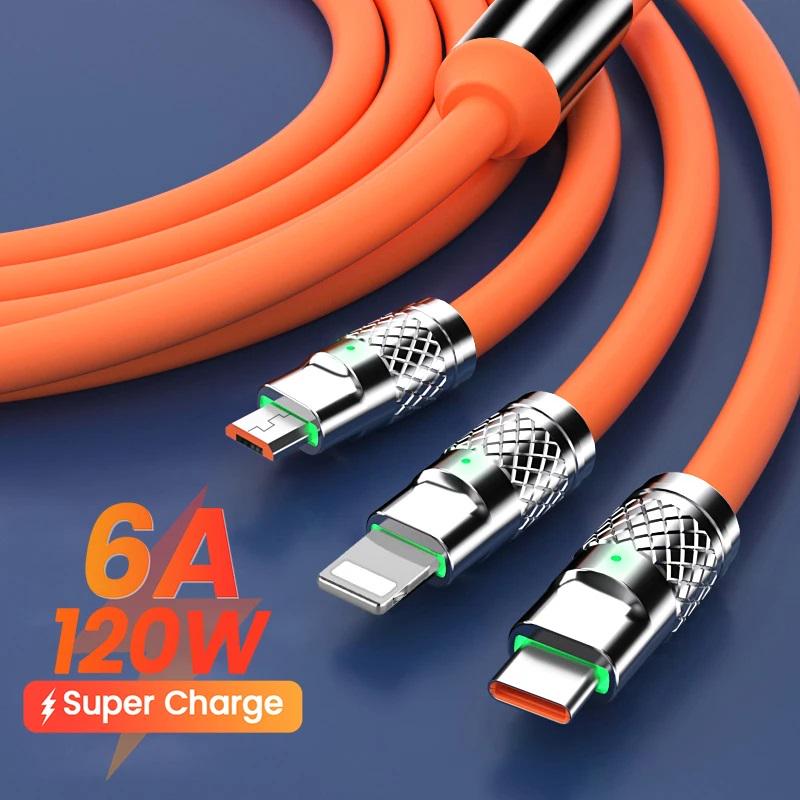 Кабель USB для быстрой зарядки до 120 W 6A Type-C/Lightning/Micro-usb сверхгибкий 3в1 (126886) - фото 8