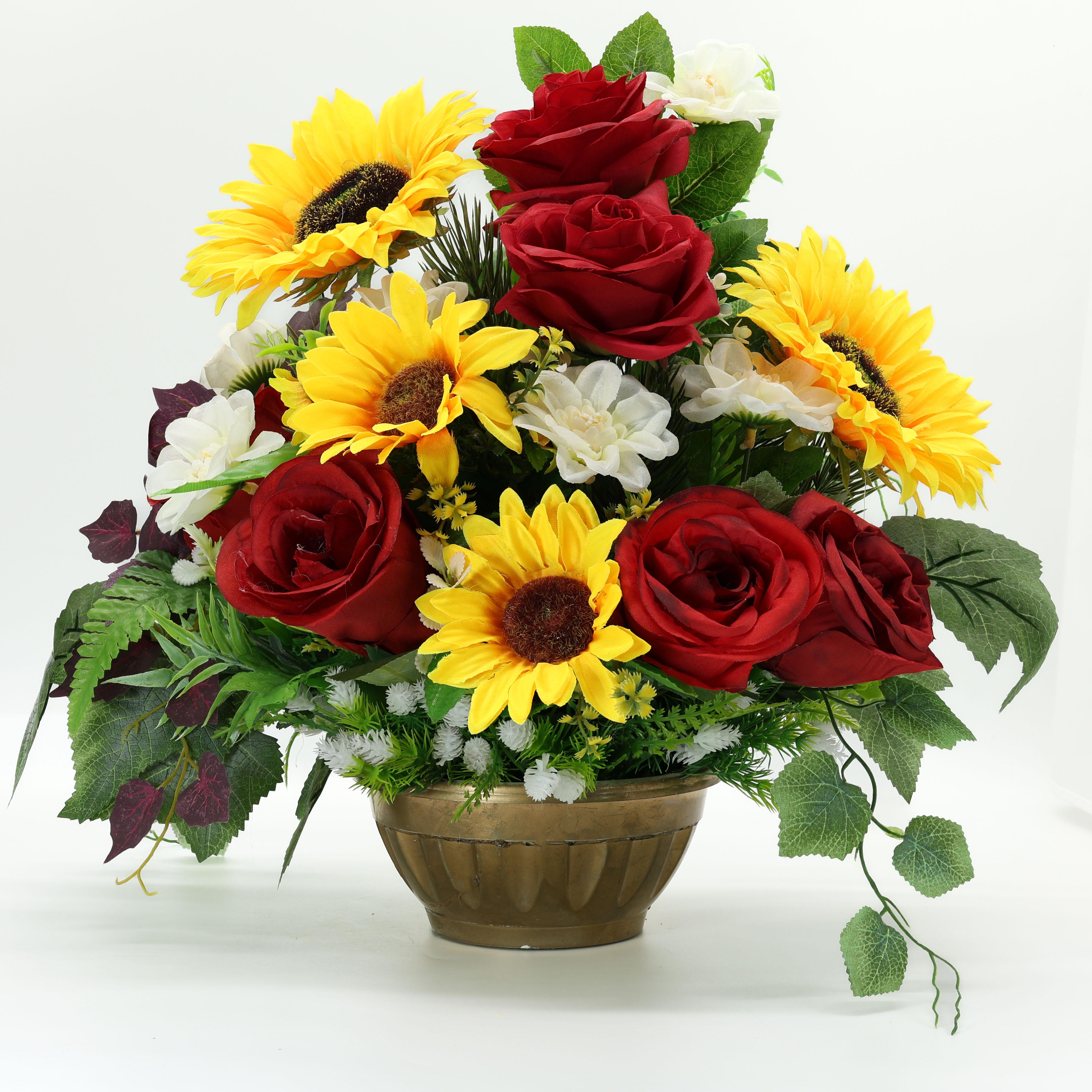Ритуальная композиция Gala Decor из искусственных подсолнухов и роз Premium в тяжелом золотистом кашпо 40х40 см Ритуальная композиция Gala Decor из искусственных подсолнухов и роз Premium в тяжелом золотистом кашпо 40х40 см