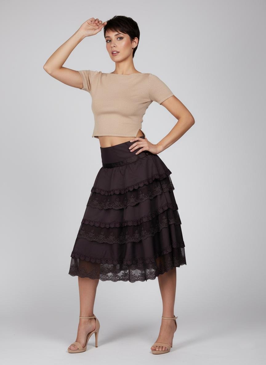 Юбка миди атласная Tianqi&tianqi M-15-1 с кружевом р. 44 Коричневый (17852445) - фото 3