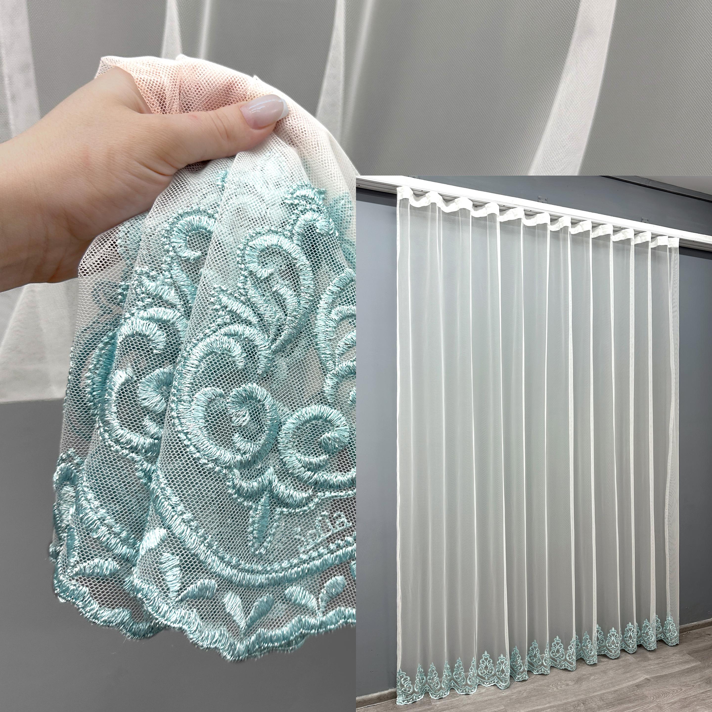 Тюль VR-Textil 1696т Грек-сетка с вышивкой и люрексом 300х270 см Молочный/Бирюзовый (42-0737) - фото 3 Тюль VR-Textil 1696т Грек-сетка с вышивкой и люрексом 300х270 см Молочный/Бирюзовый (42-0737) - фото 3