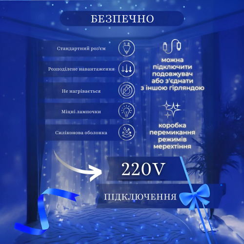 Гірлянда Водоспад 210 LED 3х2 м 10 ниток 8 режимів Синій (21593927) - фото 5