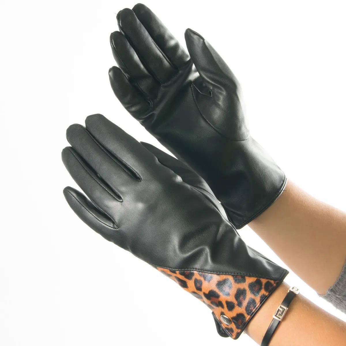 Рукавички жіночі з екошкіри на плюші з леопардовою вставкою XL (№19-23-1/1)