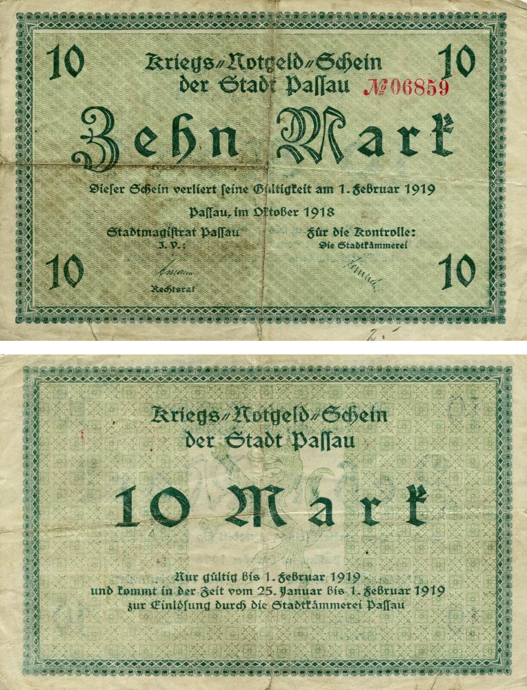 Коллекционная банкнота Германия Нотгельд 10 марок 1918 G-VG Пассау (Б18879)